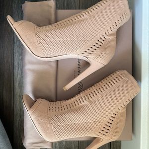 Authentic Gianvito Rossi Natural 100 mm Stretch knit open toe bootie for sale!
